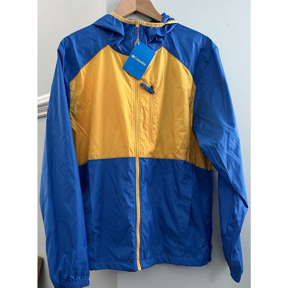 NEW Columbia Flash Forward Windbreaker Hooded Zip Blue Yellow Gold Jacket Mens M